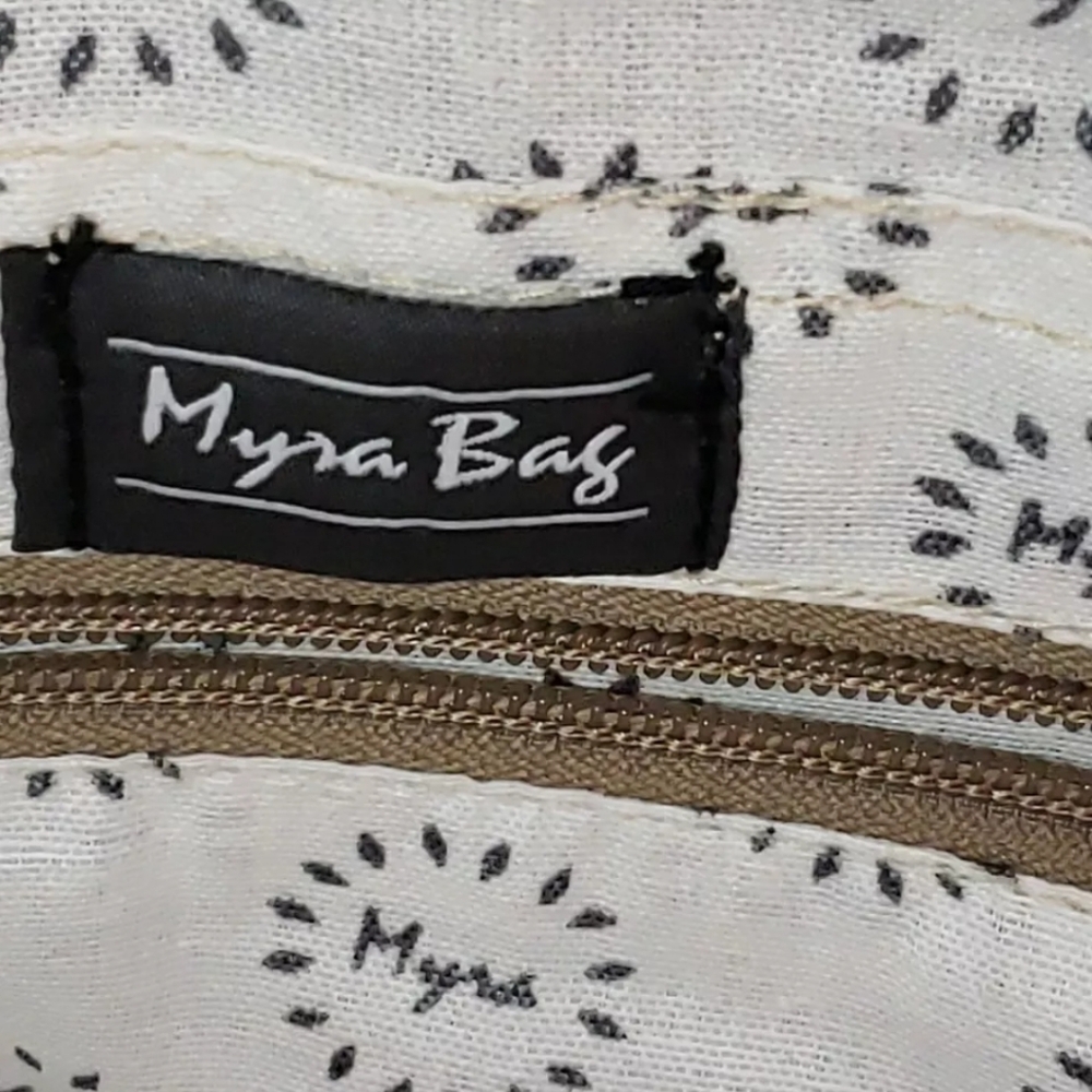 Myra Canvas Leather Zippered Tote Bag Purse Green Ivory Black - Picture 4 of 6
